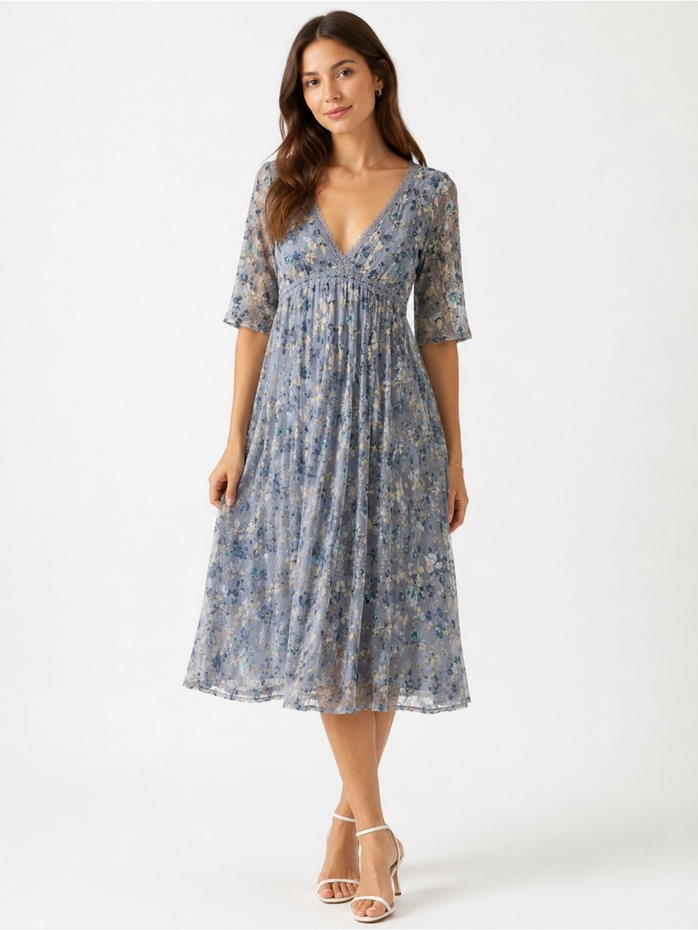 Vintage Y2K Blue Floral Embroidered Mesh Midi Dress Sz M Cottagecore Fairycore